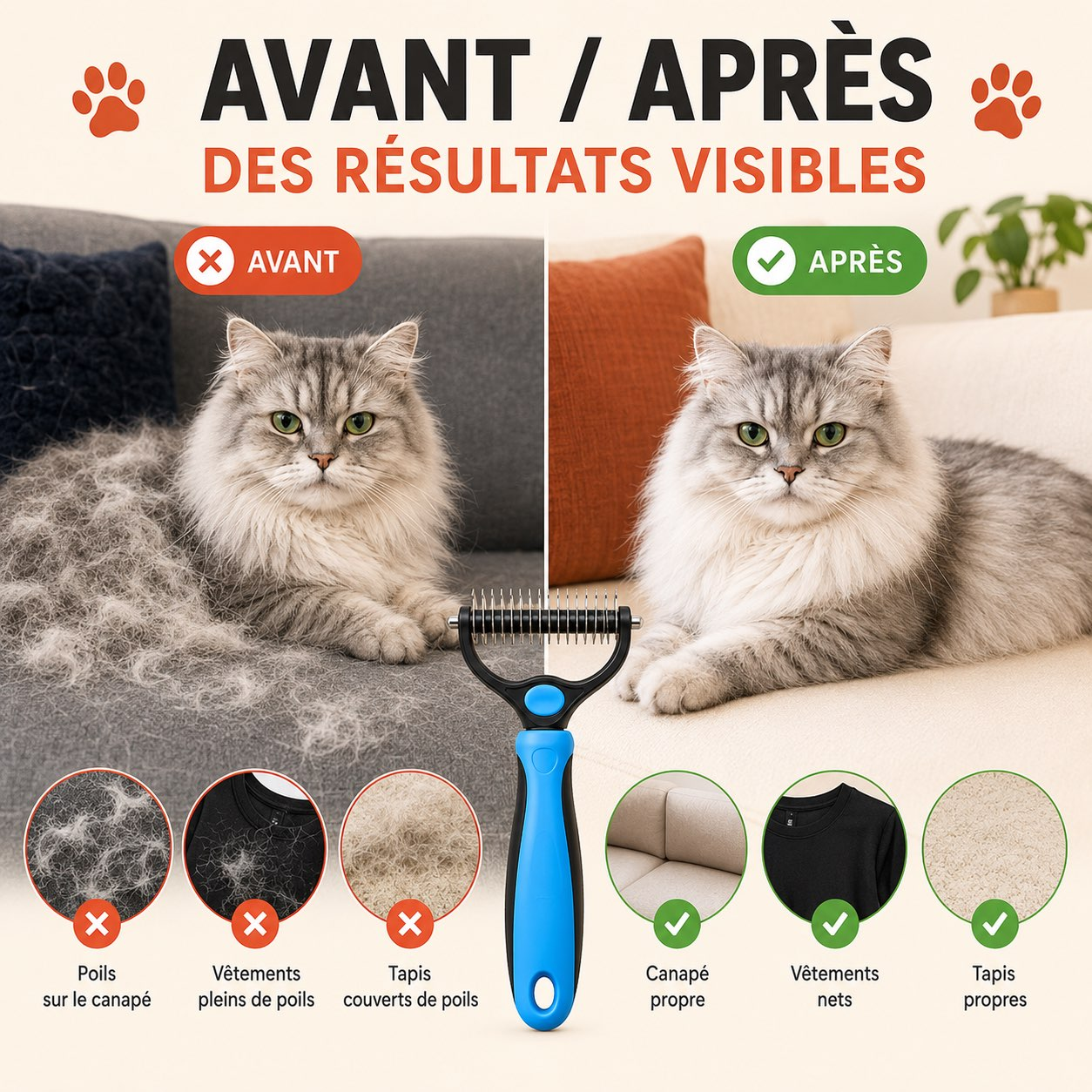 Brosse Attrape-Poils™ — Élimine le sous-poil mort sans tirer
