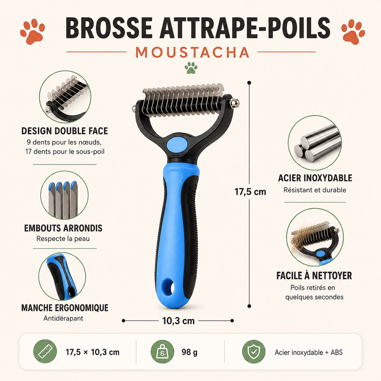 Brosse Attrape-Poils™ — Élimine le sous-poil mort sans tirer